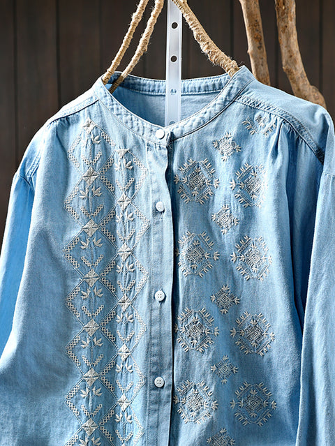 Women Spring Ethnic Embroidery 100%Cotton Shirt