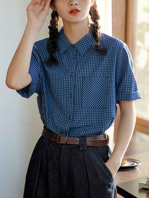 Women Summer Vintage Plaid 100%Cotton Shirt