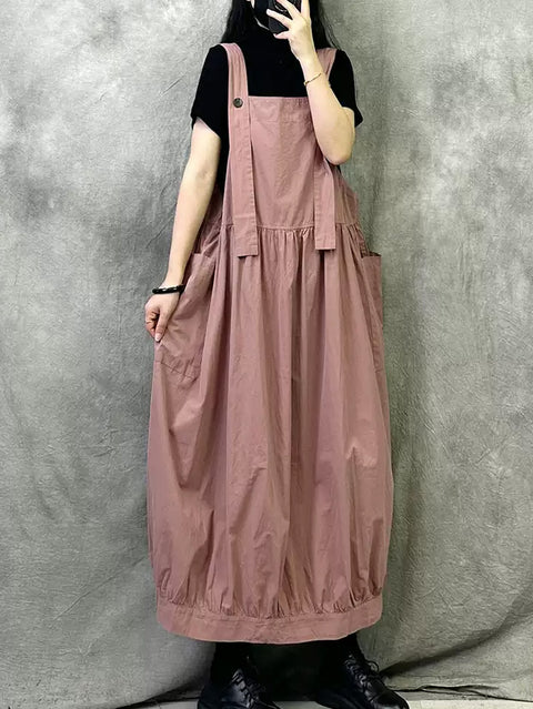 Women Spring Retro Pure Color Cotton Suspender Dress