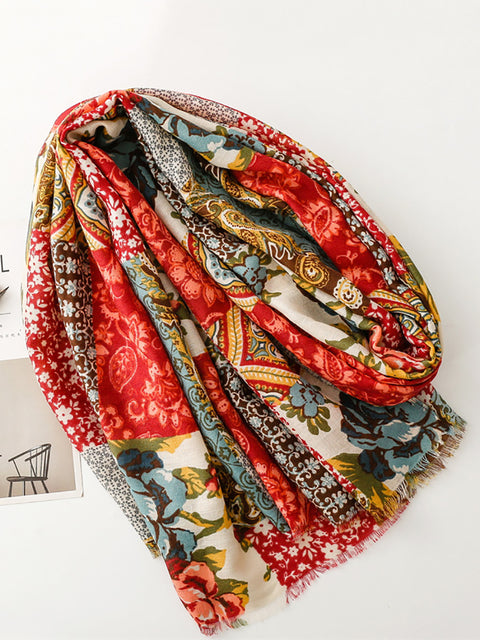 Women Ethnc Patchwork Raw-edge Shawl Scarf