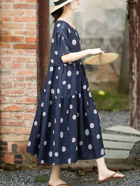 Women Summer Artsy Dot O-neck 100%Linen Dress