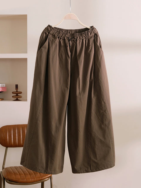 Women Spring Casual Pure Color 100%Cotton Wide-leg Pants