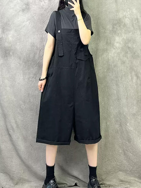 Women Summer Casual Pure Color Cotton Short Jumpsuits