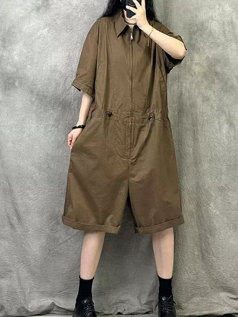 Women Summer Casual Pure Color Short Jumpsuits