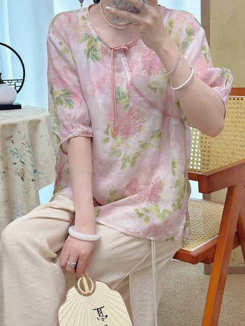 Women Summer Artsy Flower O-Neck 100%Ramie Shirt