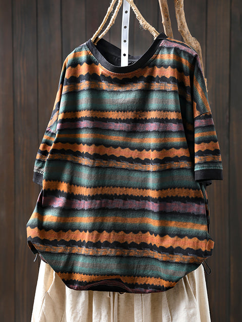 Women Summer Vintage Stripe Cotton O-Neck Shirt