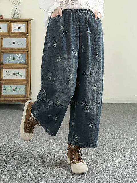 Women Spring Retro Jacquard Denim Spliced Pants