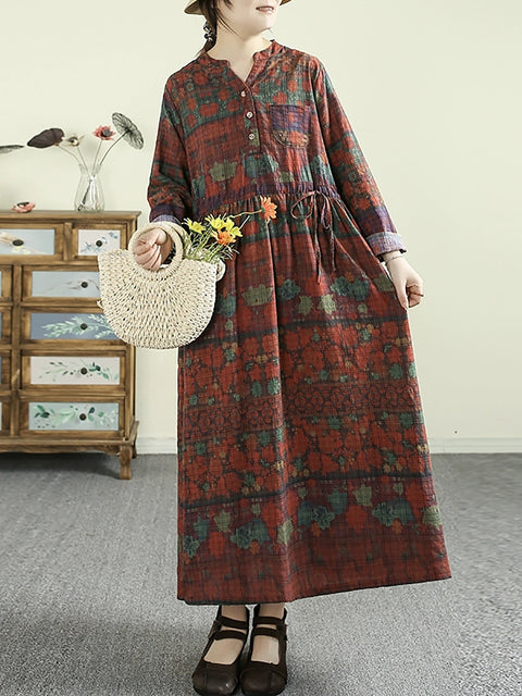 Women Vintage Flower Cotton V-Neck Loose Dress