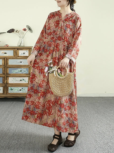 Women Vintage Flower Cotton V-Neck Loose Dress