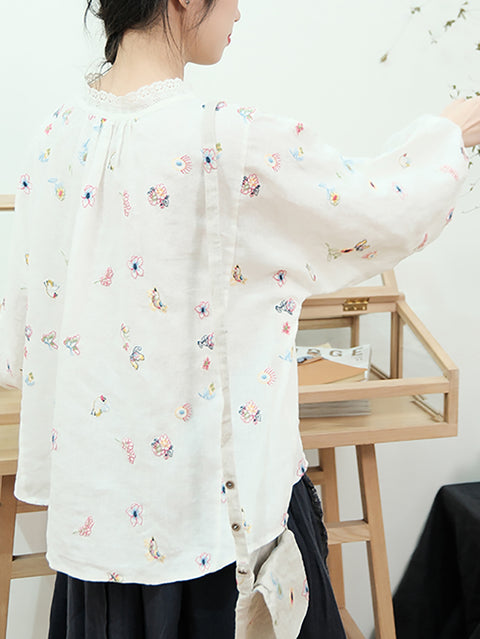 Women Spring Floral Embroidery Ramie Lace Collar Shirt