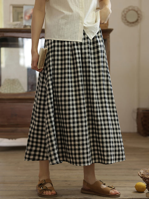 Women Summer Vintage Plaid Loose 100%Cotton Skirt