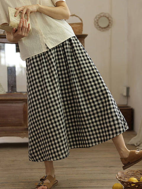 Women Summer Vintage Plaid Loose 100%Cotton Skirt