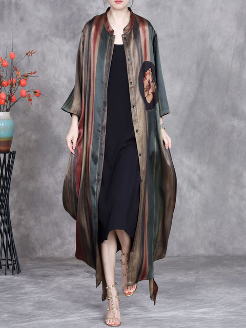 Women Spring Stripe Irregular Hem Stand Collar Long Coat