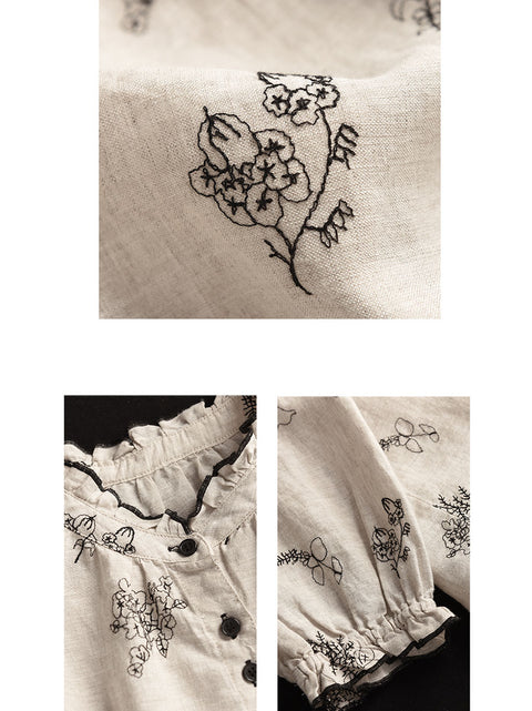 Women Spring Flower Embroidery 100%Linen Lace Collar Shirt