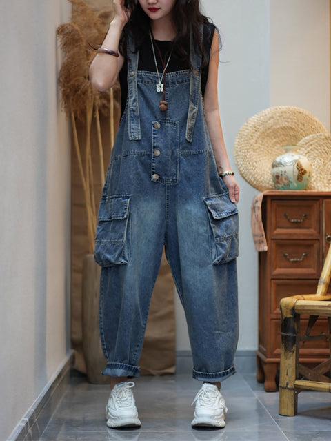 Women Summer Vintage Pure Color Denim Loose Jumpsuits