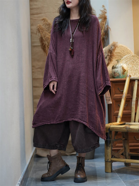 Women Summer Retro Pure Color Cotton Loose Dress