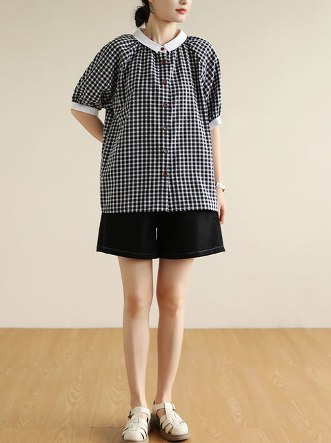 Women Summer Artsy Colorblock Plaid Shirt