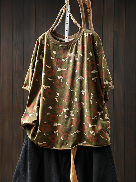 Women Summer Casual Camouflage O-Neck Cotton Shirt