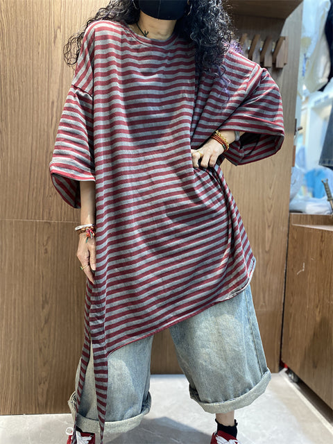 Women Spring Casual Stripe O-Neck Loose Cotton Shirt