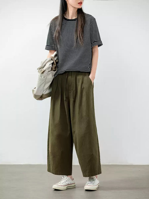 Women Spring Casual Pure Color Cotton Wide-leg Pants