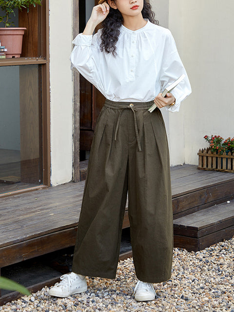 Women Spring Casual Pure Color Cotton Wide-leg Pants