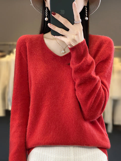 Women Autumn Pure Color V-Neck Knit Sweater