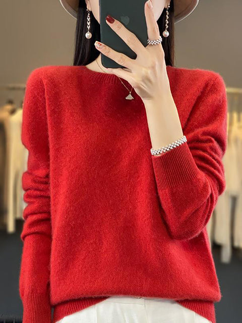 Women Autumn Solid Knit 100%Wool O-Neck Sweater