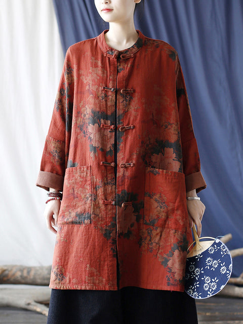 Women Vintage Red Flower Cotton Long Shirt