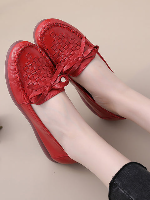 Women Summer Casual Solid Soft Leather Weave Flat Shoes