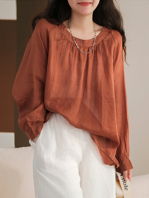 Plus Size Women Summer Solid Vintage Full Sleeve Ramie Shirt