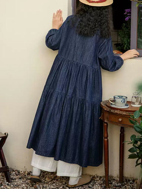 Women Spring Pure Color O-Neck Denim Dress