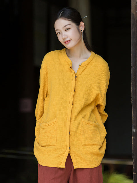 Women Vintage Autumn Solid O-Neck Shirt Coat