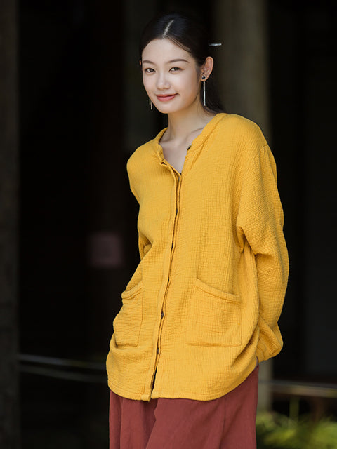 Women Vintage Autumn Solid O-Neck Shirt Coat