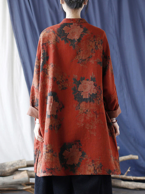 Women Vintage Red Flower Cotton Long Shirt