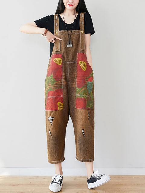 Women Summer Artsy Flower Patch Spliced Pocket Denim Jumpsuits