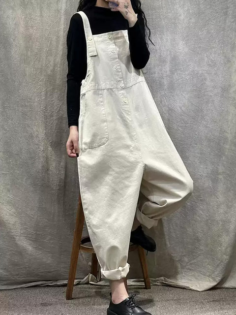 Women Spring Casual Pure Color Loose Jumpsuits