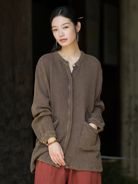 Women Vintage Autumn Solid O-Neck Shirt Coat