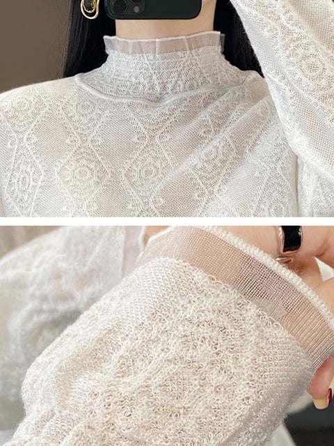 Women Autumn Lacework Knitted Half-Turtleneck Blouse