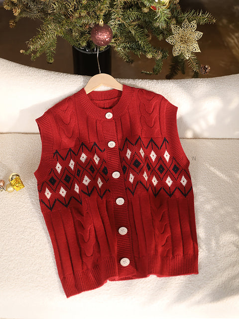 Women Winter Retro Geometric Knitted Vest