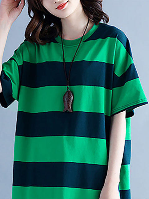 Plus Size Women Casual Striped O-Neck Short Sleeve Loose Dress