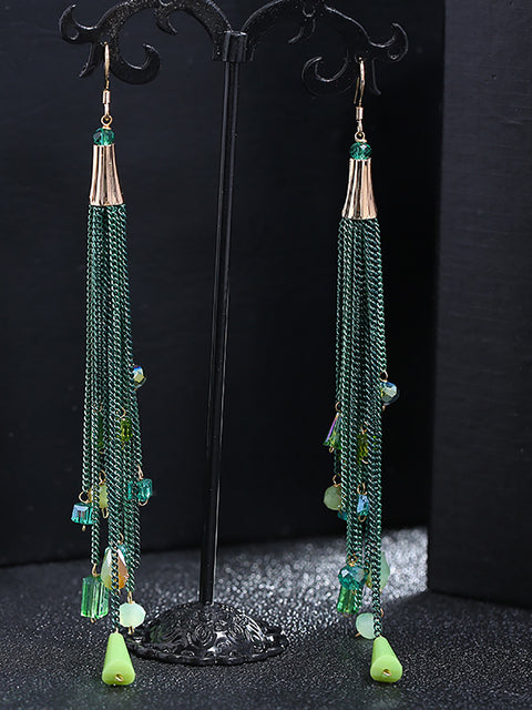 Women Vintage Bead Knitted Tasel Sliver Earrings