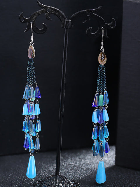 Women Vintage Bead Knitted Tasel Sliver Earrings