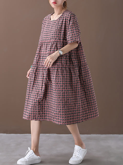 Plus Size Summer Plaid Round Neck Cotton Linen Midi Dress