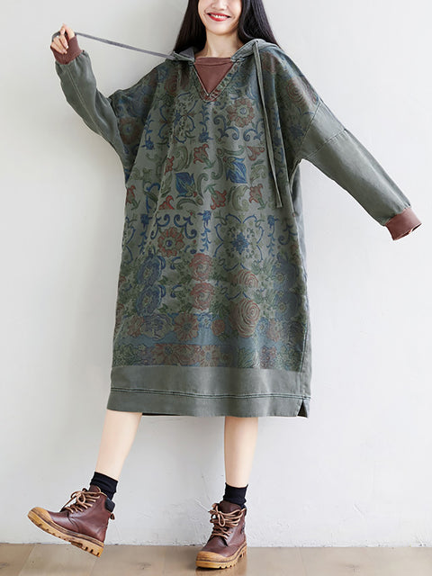 Women Artsy Flower Spring Hooded Cotton Dress