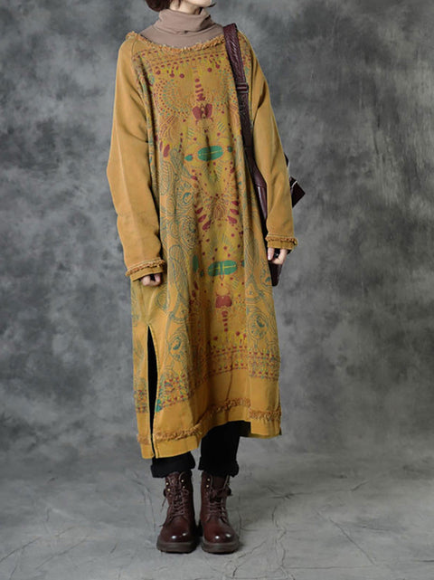 Women Autumn Ethnic Print O-Neck Loose Cotton Dress