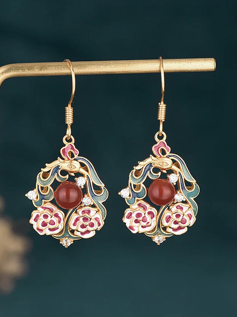 Women Chinese Style Enamel Flower Jade Sliver Earrings