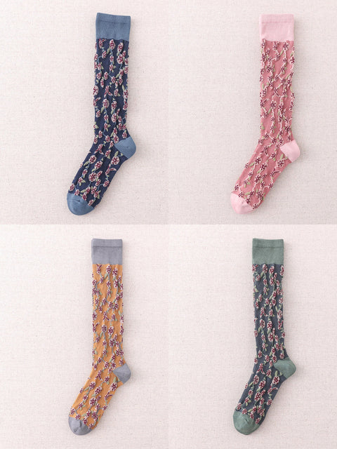 4 Pairs Women Winter Floral Jacquard Long Socks