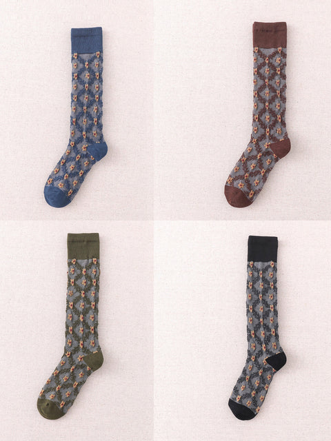 4 Pairs Women Winter Floral Jacquard Long Socks