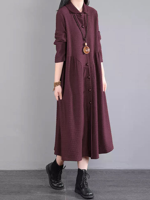 Plus Size Women Autumn Commute Solid Button Loose Dress