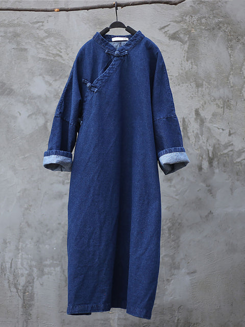 Women Spring Vintage Frog Denim Loose Dress